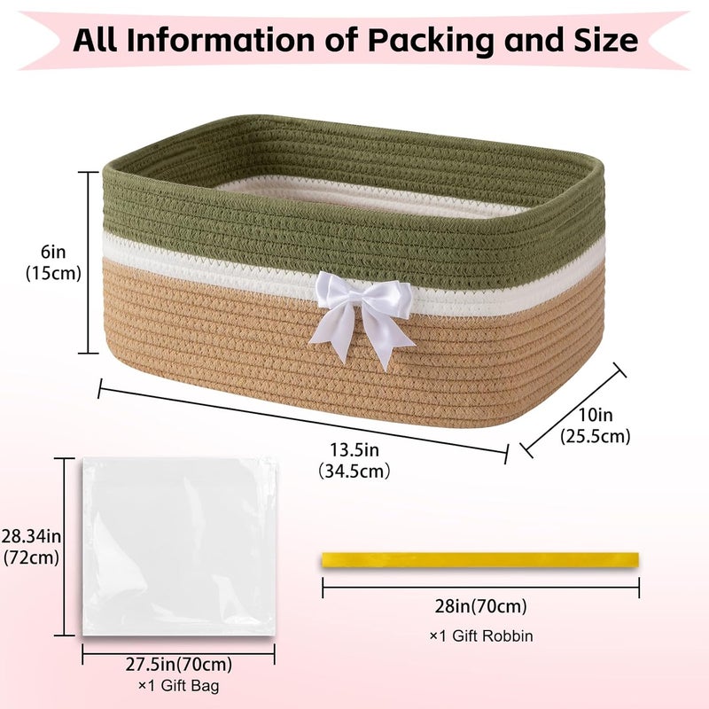 OIAHOMY Large Woven Storage Basket with Handles for Nursery Living Room Shelves, Bow Basket for Gifts Empty with Gift Bags and Ribbons for Baby Showers Pet Toy Bin - Light Green & Yellow - Image 2